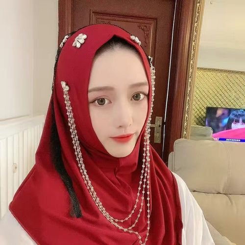 的套头纱巾新款纱巾手工蕾丝钉钻方便头套项链流苏简便套头巾回族盖头