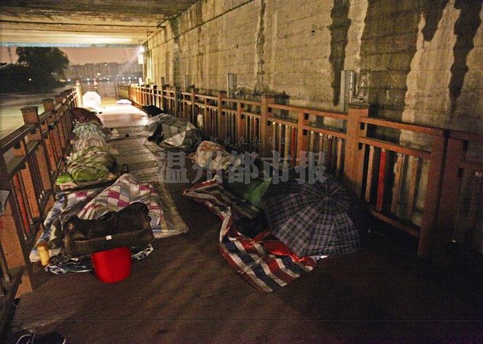 市区三板桥桥洞,近20个人席地而睡.