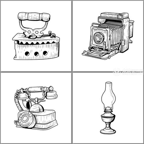 怀旧老物件黑白图片素材-黑白经典复古物品矢量图