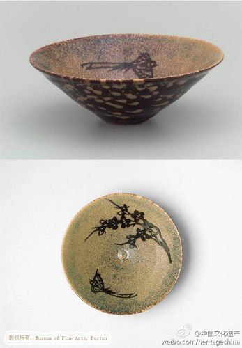 南宋吉州窑剪纸贴花鸟小碗,口径14.