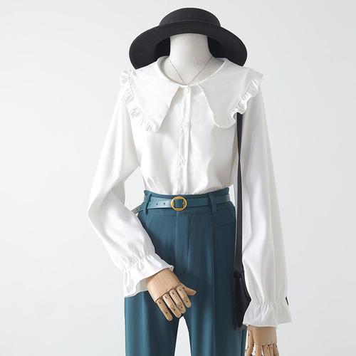衬衫女设计感小众2021年春秋新款喇叭袖娃娃领荷叶边大领长袖上衣娜