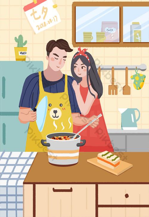 原创小清新七夕情侣厨房做饭插画
