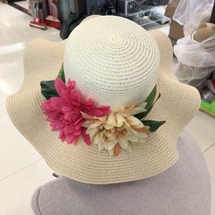 新款女士草帽荷花边太阳花帽子夏天遮阳防晒帽厂家直销