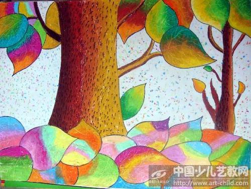 描写秋天落叶树的简笔画蜡笔画