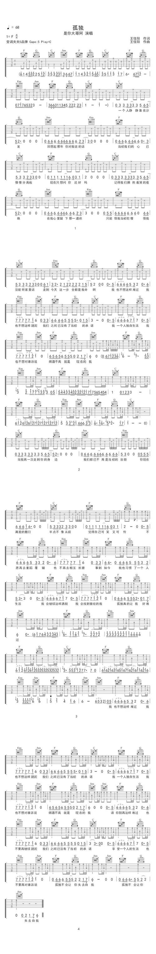 王佳杨孤独弹唱吉他谱
