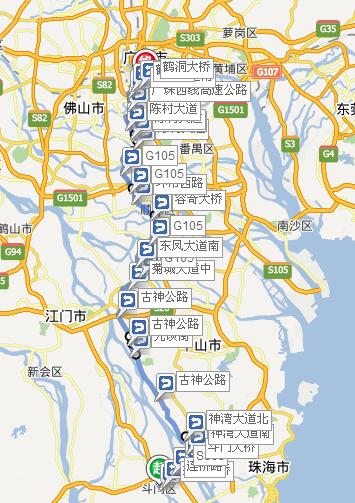 市小榄镇105国道 -东风镇-顺德容桂镇-大良镇-北滘镇-陈村镇-广州芳村