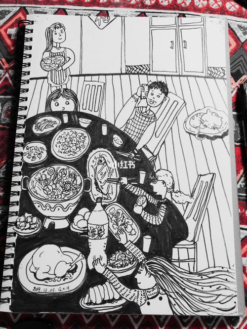 过新年 新年快乐 年夜饭  线描装饰画 原创_新年去哪玩_装饰画_文化