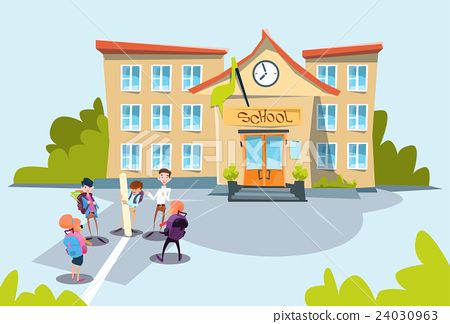 插图素材: schoolchildren group school building exterior