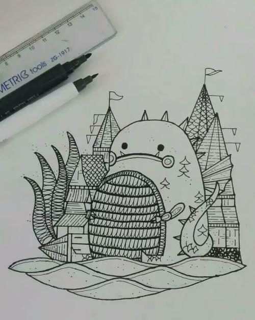 儿童装饰画黑白插画缠绕画线描