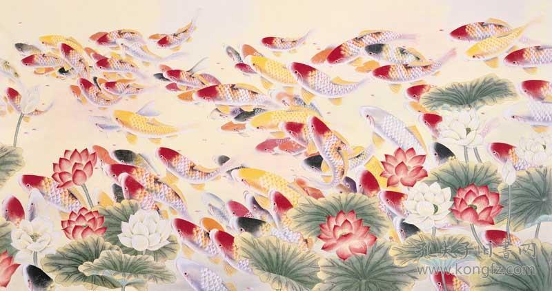 宣纸国画印品 百鱼图 绢布51x107厘米