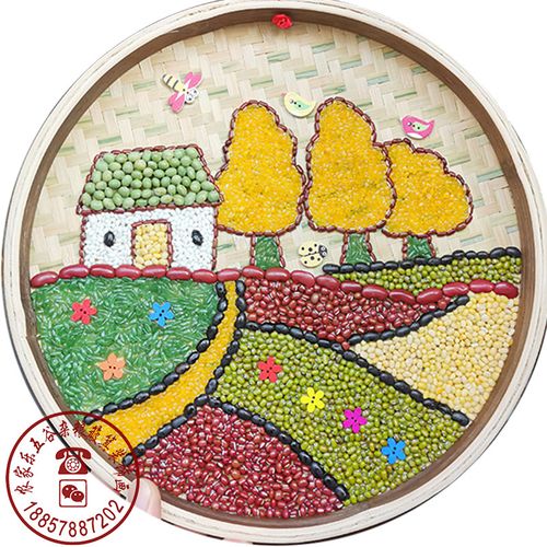 五谷杂粮豆子贴画田野金秋竹筛画秋天景色竹扁画亲子手工创意粘贴类