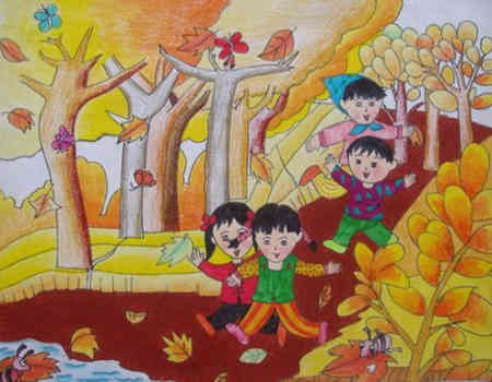 这幅秋天儿童画画面优美,构图简洁,充满孩子们的奇思妙想,非常适合