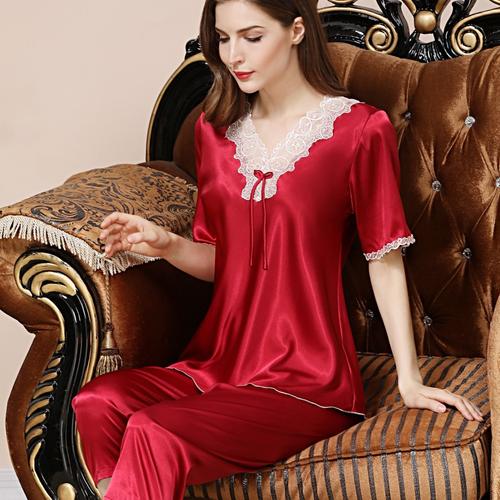 睡衣女冰丝睡衣夏天短袖韩版仿真丝睡衣套装大码丝绸家居服女睡衣