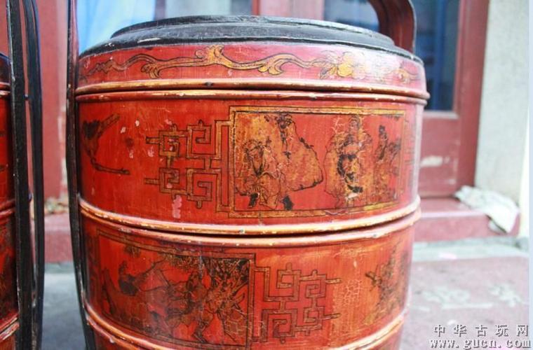 古玩老物件圆形3格食盒一对提篮精美描金收藏品农家乐摆设