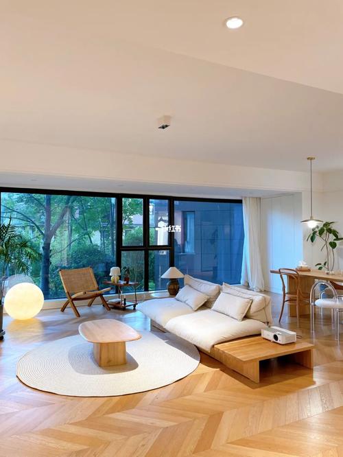 低楼层 落地窗=沉浸式森系客厅_厨房_客厅_森女系_落地窗_餐厅_吊顶