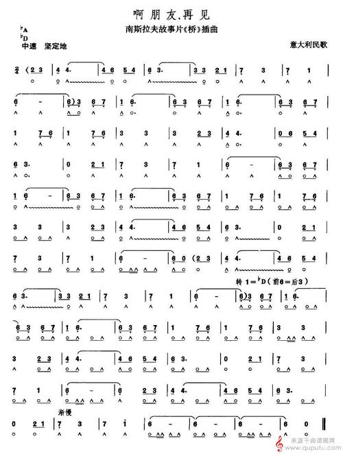 曲谱图网 器乐曲谱 口琴 啊 朋友,再见(摘自南斯拉夫故事片《桥》插曲