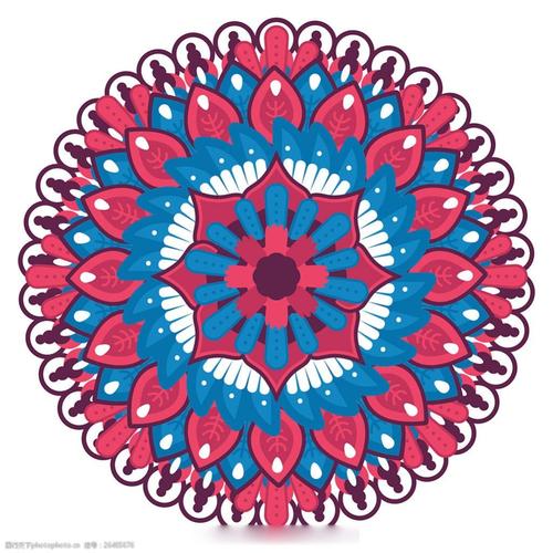 蓝色红色圆形曼陀罗花卉装饰图案背景