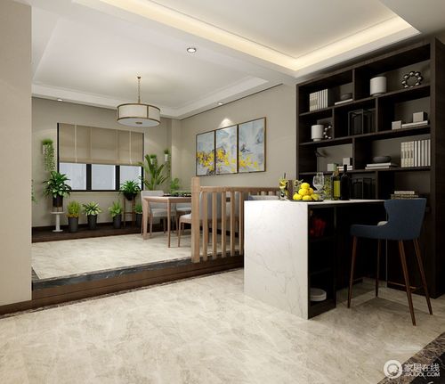 休闲吧台采用深浅搭配的色调,白色置物型大理石台面结合黑胡桃木