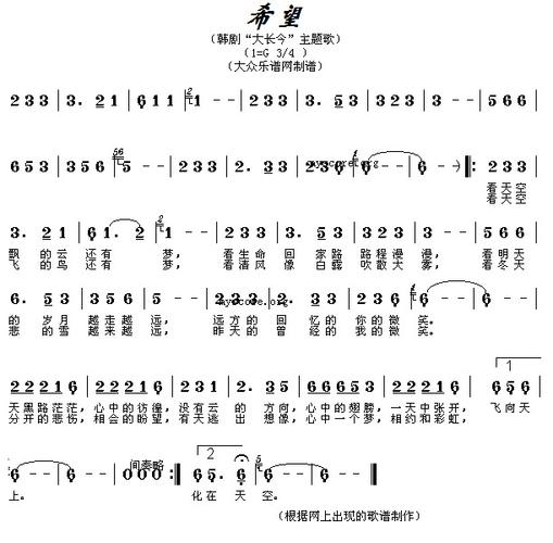 葫芦丝曲谱《希望》