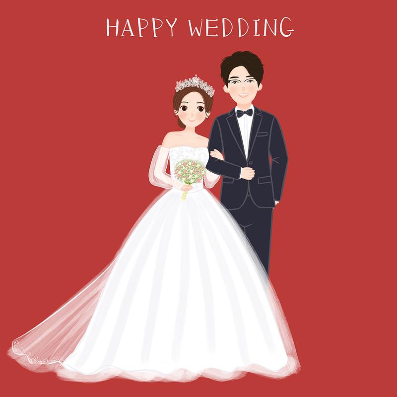 【蜡笔插画】结婚请柬小清新q版插画森系手绘结婚婚纱