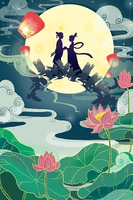 情人节插画手绘古风唯美七夕节浪漫剪影牛郎织女鹊桥相会插画素材