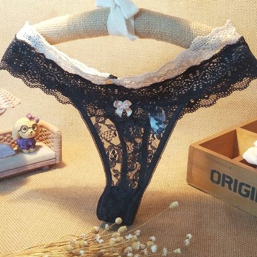 日系女生甜美蕾丝 双拼宽边蕾丝腰围透明性感诱惑女生丁字内裤t裤
