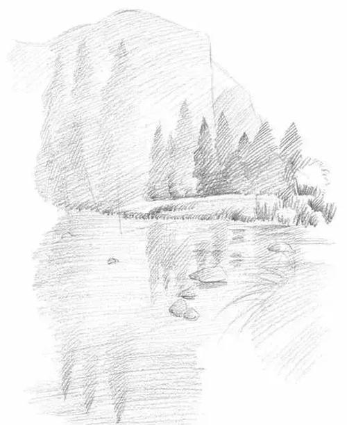 1.首先用hb铅笔画出远山及画面其他部分的轮廓,可以顺带画一些色调.