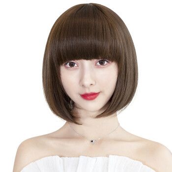 蔓茵假发女短直发齐斜刘海bobo头网红圆脸内扣全头套式自然逼真波波头