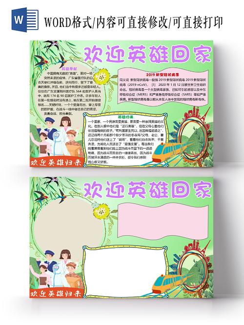 绿色简约卡通欢迎英雄回家疫情英雄归来小报手抄报word模板英雄归来