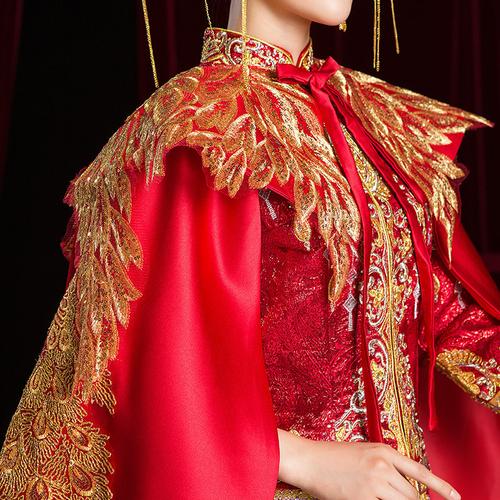 中式披风婚礼拖尾秀禾大披风新娘秀禾服披肩斗篷凤冠霞帔结婚嫁衣