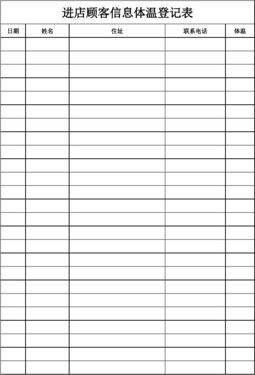 进店顾客信息体温登记表