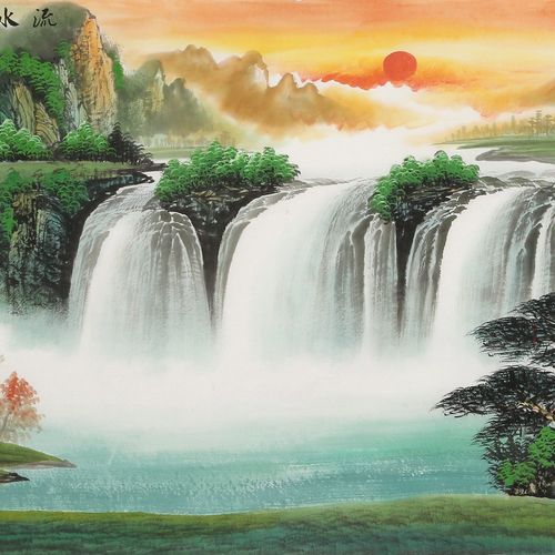 吴东 小六尺《流水生财》聚宝盆山水画 - 聚宝盆山水画 - 99字画网