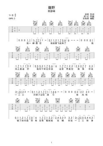撒野-凯瑟喵 原版吉他弹唱d调六线吉他谱-虫虫吉他谱免费下载