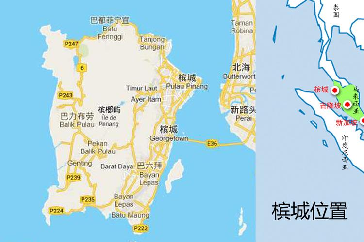 槟城地图,槟城面积1049平方公里,和香港相差无几