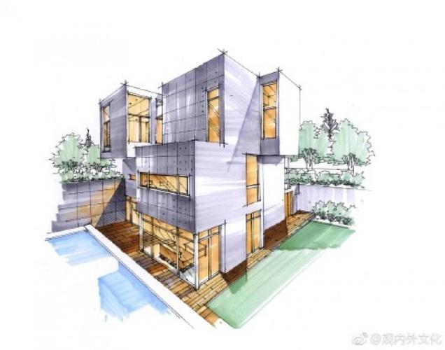 单体现代别墅建筑马克笔手绘效果图教程 带上色步骤线稿 水泥板外墙