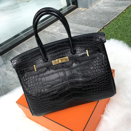 九五新hermes/爱马仕birkin35黑色金扣鳄鱼皮采铂金女士手提包