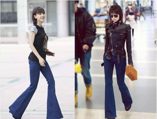 再看她的机场街拍,也几乎是把喇叭裤贯穿到底了.