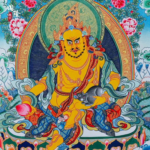 西藏唐卡手绘黄财神佛像丝绸装饰画吉祥唐卡客厅玄关挂画长约34cm