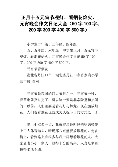 正月十五元宵节观灯,看烟花焰火,元宵晚会作文日记大全(50字100字,200