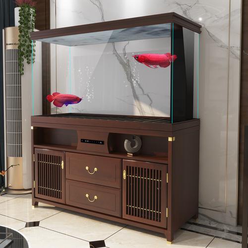 汉霸实木超白玻璃龙鱼缸新中式客厅大型家用隔断墙玄关金鱼缸视频