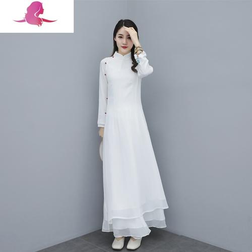 艳如飞禅服女白色中国风改良汉服旗袍连衣裙中式复古禅意茶人服三件