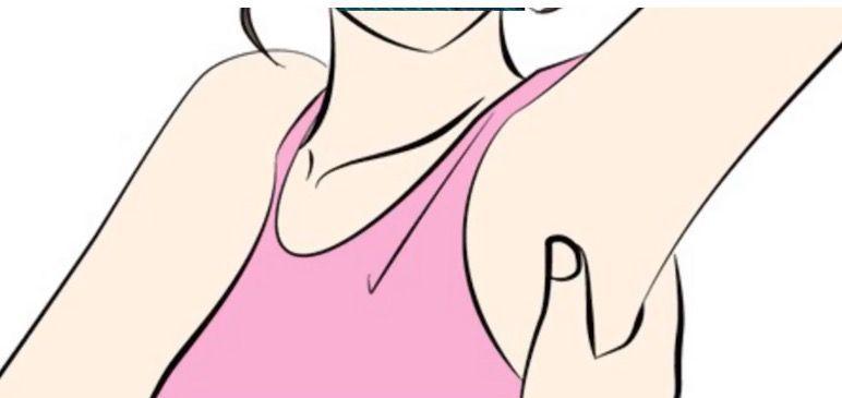 举起手臂,用大拇指按压腋下的淋巴腺,一次5秒,5秒后再换一个位置重复