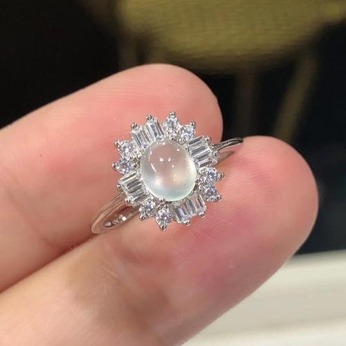 金藤兰925银镶嵌玉石指环女缅甸a货天然冰种蛋面白冰戒面翡翠戒指冰透