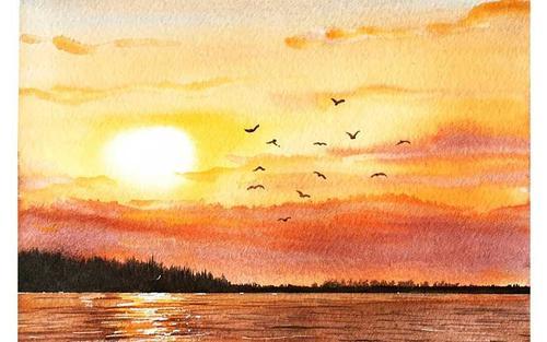 色彩的渐变夕阳简笔画