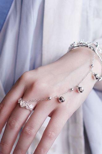 汉服首饰 古风 流苏手链古风手链戒指一体铃铛闺蜜蝴蝶开口镯子