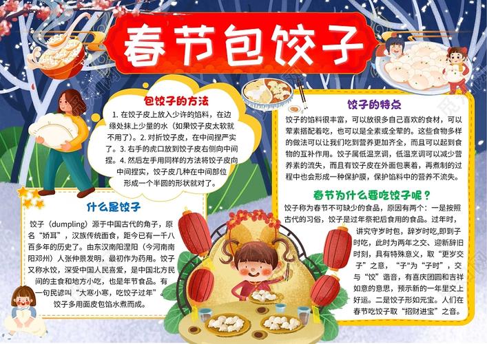 蓝色卡通春节包饺子卡通小报手抄报
