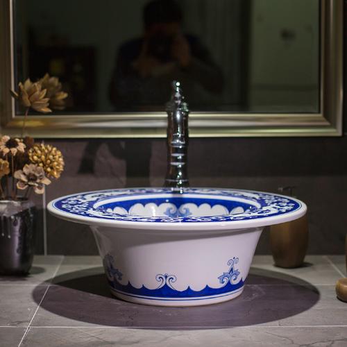 台上盆洗手盆手绘青花瓷小户型仿古复古碗形洗脸盆新中式陶瓷面盆