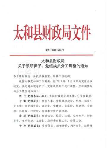 太和县财政局关于领导班子党组成员分工调整的通知