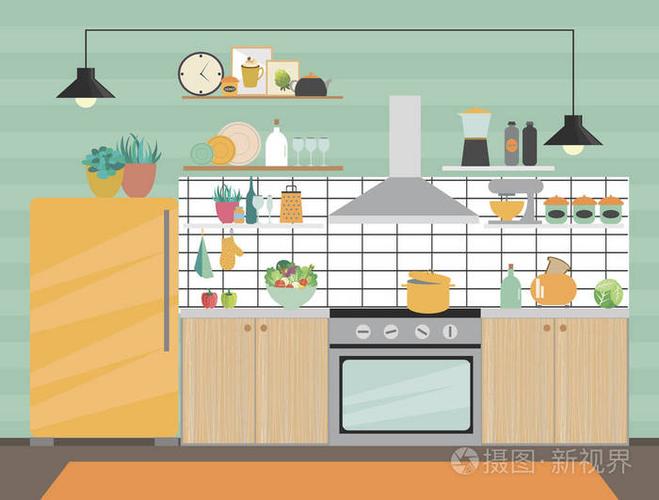 厨房卡通写实平面设计. 矢量插图