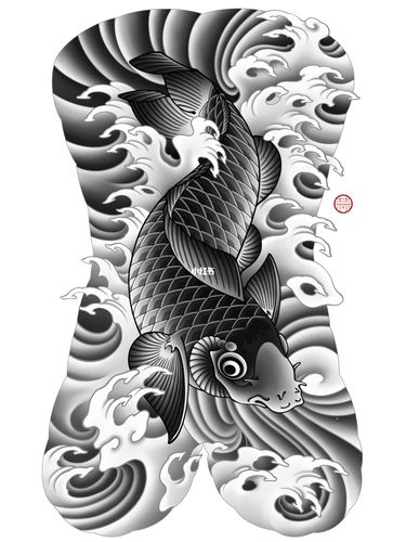 日式传统原创鲤鱼满背纹身手稿